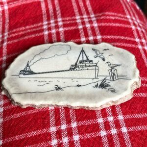 Scrimshaw on Antler Signed Herbert Dillon Freighter on Lake Erie Antique